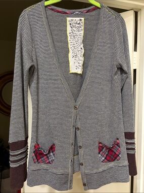 Scrapbook Striped Cardigan with Red Plaid Pocket Accents